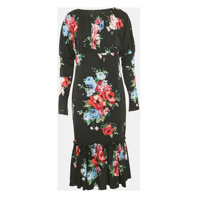 Dolce & Gabbana Black Floral Print Silk Flounce Midi Dress