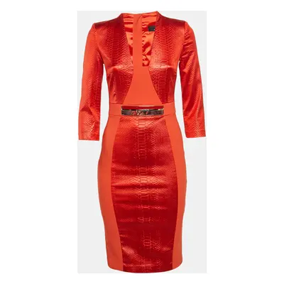 Elisabetta Franchi Orange Python Textured Satin and Crepe Sheath Dress