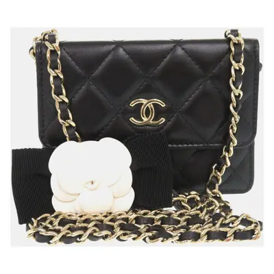 Chanel Matelasse Camellia Lambskin Black Champagne Gold Chain Coco Mark Ribbon Wallet