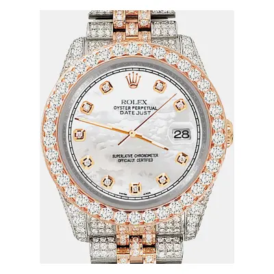 Rolex datejust 10.75ct pave diamond white mop track rose gold steel jubilee Wristwatch