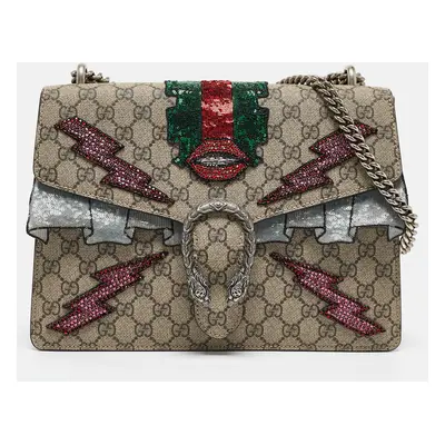 Gucci Beige GG Supreme Canvas and Suede Medium Crystal/Sequins Embellished Dionysus Shoulder Bag