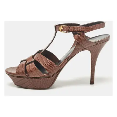 Yves Saint Laurent Brown Lizard Embossed Leather Tribute Ankle Strap Sandals Size