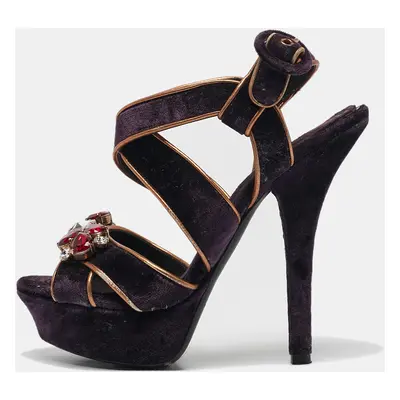 Dolce & Gabbana Purple Velvet And Leather Crystal Embellished Sandals Size