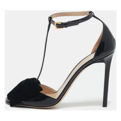 Tom Ford Black Patent Leather and Velvet Bow Brigitte T-Strap Sandals Size