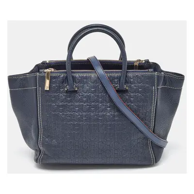 CH Carolina Herrera Navy Blue Monogram Embossed Leather Tote