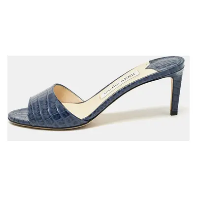 Jimmy Choo Blue Croc Embossed Leather Stacey Slide Sandals Size