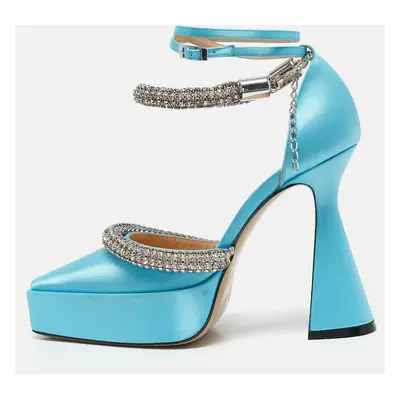 Mach & Mach Blue Satin Double Bow Crystal Embellished Platform Pumps Size