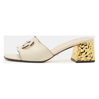 Gucci Cream Leather Cut Out Interlocking G Slide Sandals Size