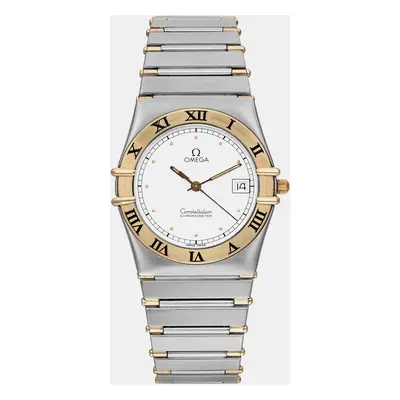 Omega White 18K Gold Stainless Steel Constellation 396.108 Quartz Women's Wristwatch 33mm