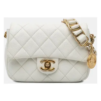 Chanel White Mini Quilted Caviar Chain Soul Flap