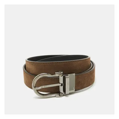 Salvatore Ferragamo Brown/Black Nubuck Leather Cut to Size Reversible Gancini Buckle Belt