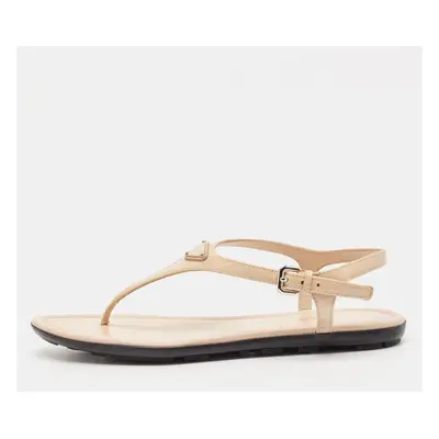 Prada Beige Patent Leather Triangle Logo Thong Flat Sandals Size