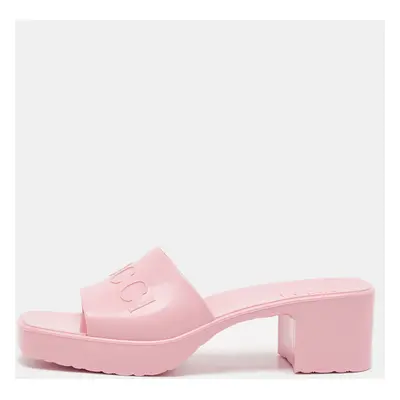 Gucci Pink Rubber Embossed Logo Slide Sandals Size