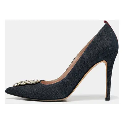 SJP Sarah Jessica Parker Navy Blue Denim Crystal Embellished Pointed Toe Pumps Size