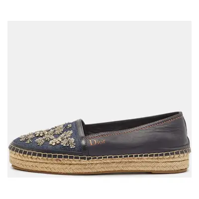 Dior Black/Blue Denim and Leather Embellished Espadrille Flats Size 36.5