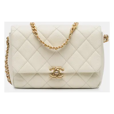 Chanel White Small Quilted Caviar Chain Melody Flap