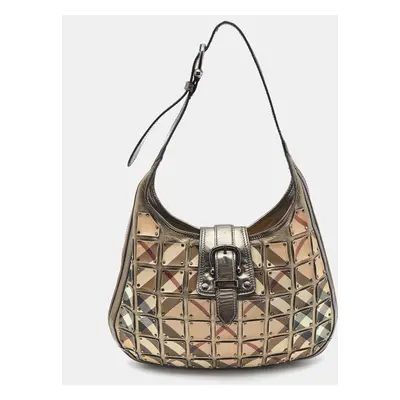 Burberry Metallic/Beige Nova Check Coated Canvas and Leather Brooke Warrior Hobo