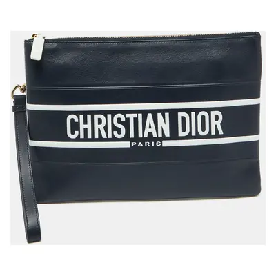 Dior Navy Blue/White Leather Logo Vibe Zip Clutch