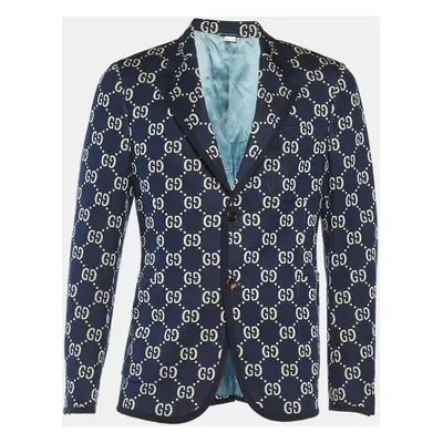 Gucci Navy Blue GG Jacquard Cotton Knit Blazer