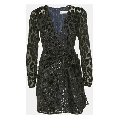 Self-Portrait Black Metallic Leopard Flocked Chiffon Mini Dress