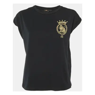 Maje Black Cotton Embroidered Torino Crew Neck T-Shirt