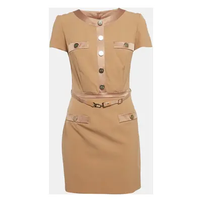 Elisabetta Franchi Caramel Brown Crepe Button Detail Mini Dress