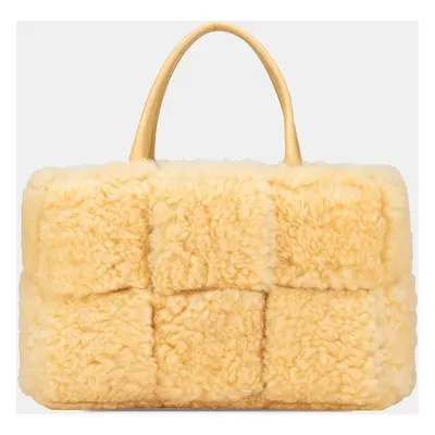 Bottega Veneta Yellow Small Shearling Intrecciato Arco Tote