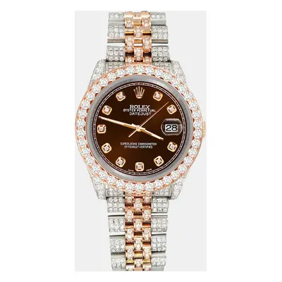 Rolex datejust 10.75ct pave diamond chocolate rose gold steel jubilee Wristwatch