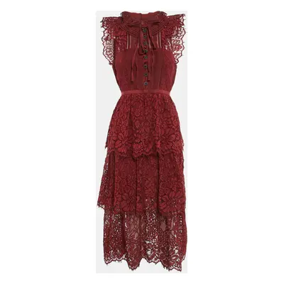 Self-Portrait Burgundy Cord Lace Tiered Midi Dress