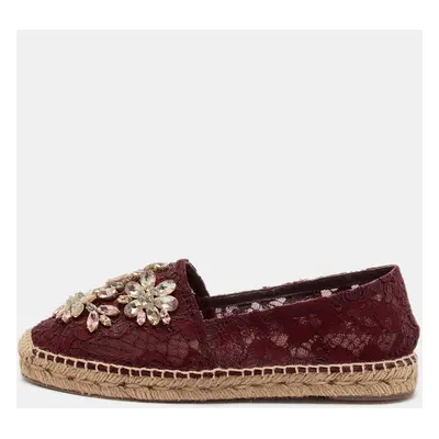 Dolce & Gabbana Burgundy Lace Embellished Espadrille Flats Size