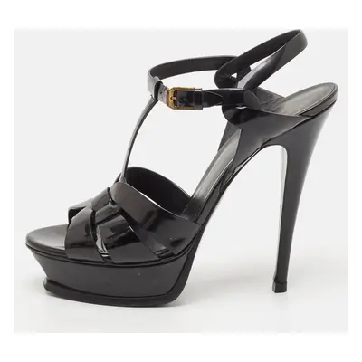 Saint Laurent Black Patent Leather Tribute Platform Ankle Strap Sandals Size