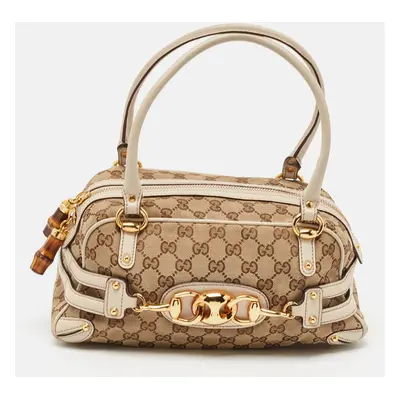 Gucci White/Beige GG Canvas and Leather Wave Boston Bag