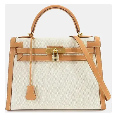 Hermes Natural Toile H Cushvel Epsom Kelly Handbag