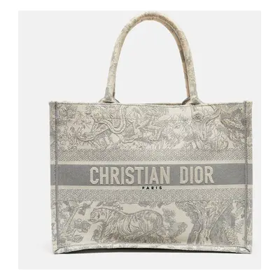 Dior Grey/White Embroidered Toile de Jouy Canvas Medium Book Tote