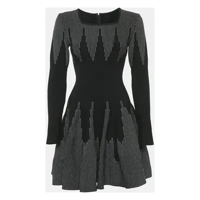 Alaia Black Stripe Detail Wool Blend Knit Fit and Flare Mini Dress