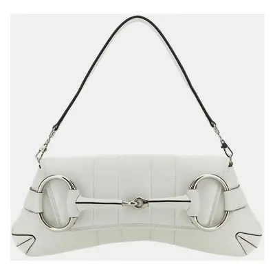 Gucci White Leather Medium Gucci Horsebit Chain Clutch