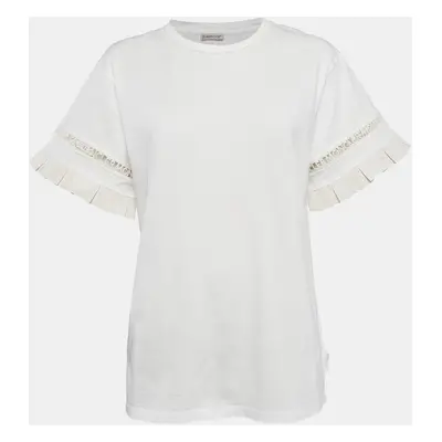 Moncler White Cotton Flared Sleeve Logo Lace Detail T-Shirt