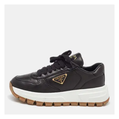 Prada Black Leather Triangle Logo Plaque Low Top Sneakers Size