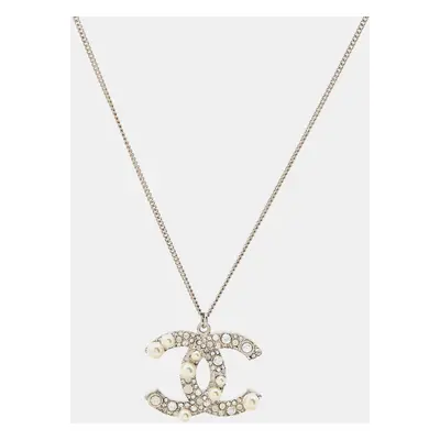 Chanel CC Crystals Faux Pearl Silver Tone Necklace