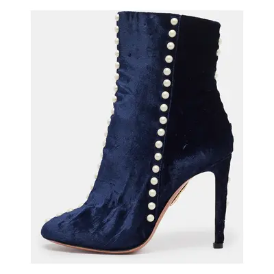 Aquazzura Navy Blue Velvet Follie Pearls Ankle Boots Size 36.5