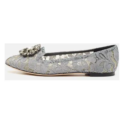 Dolce & Gabbana Grey Lace Crystal Embellished Taormina Ballet Flats Size 38.5