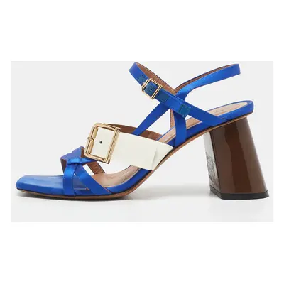 Marni Blue/Cream Patent Leather and Satin Ankle Strap Sandals Size