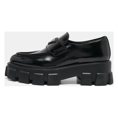 Prada Black Brushed Leather Monolith Platform Loafers Size 36.5