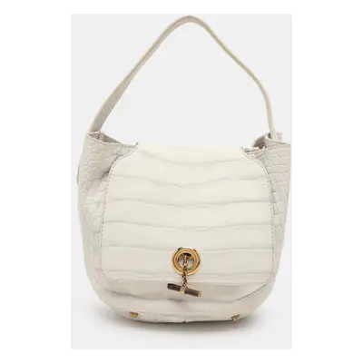 Yves Saint Laurent White Nubuck Croc Embossed Leather Capri Flap Shoulder Bag