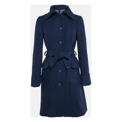 Boss By Hugo Boss Royal Blue Wool Blend Belted Long Trenchcoat