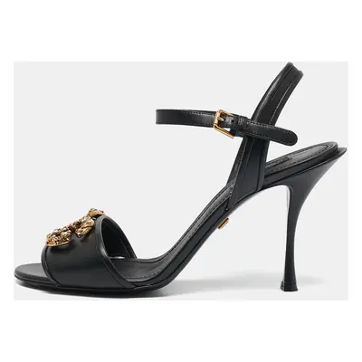 Dolce & Gabbana Black Leather DG Amore Ankle Strap Sandals Size 39.5