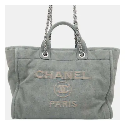 Chanel Deauville Line Shopping Bag Tote Light Blue Denim Size Large