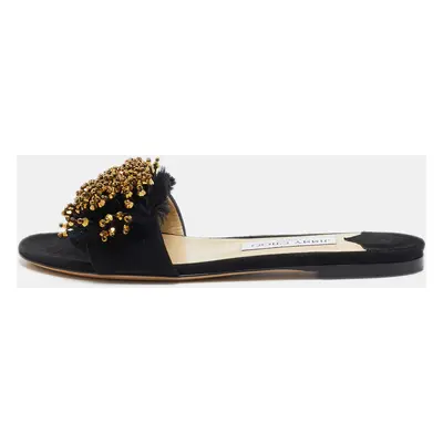 Jimmy Choo Black Suede Embellished Waida Flat Slides Size 37.5