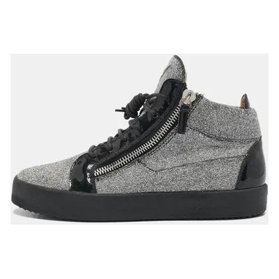 Giuseppe Zanotti Black/Silver Glitter Fabric and Leather Coby High Top Sneakers Size