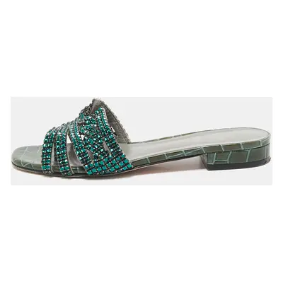 Gina Green Crystal Embellished Leather Flat Slides Size